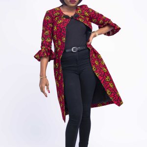 Red African Print Coat Dress | Women African Jacket | Afrikan Print Kimono Dress
